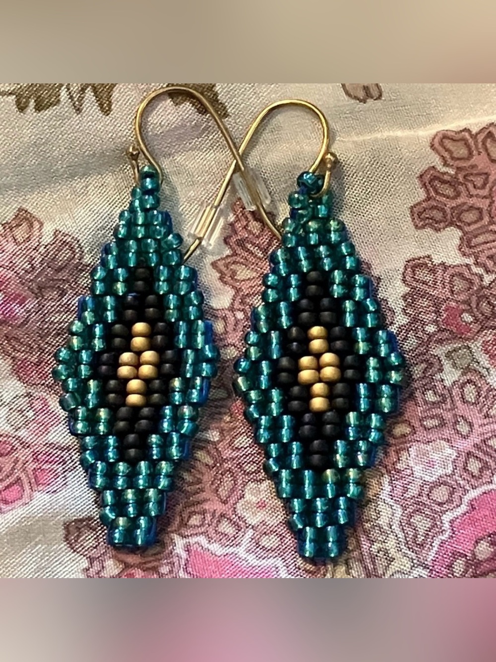 Handmade Miyuki Beaded Geometric Rhombus Drop Boho Earring Turquoise Black Gold